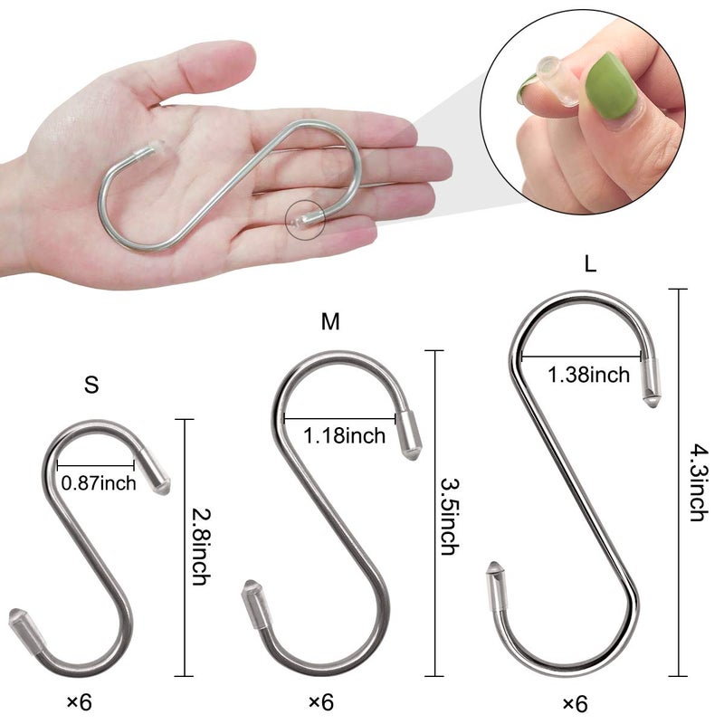 Tailpa 18 Pack S Shaped Hangers, Heavy Duty Stainless Steel Hanging Hooks for Pots, Pans, Towels, Clothes, Plants - Home, Kitchen, Bathroom, Bedroom, Garden (2.8", 3.5", 4.3", Each 6 Pack) - Image 2